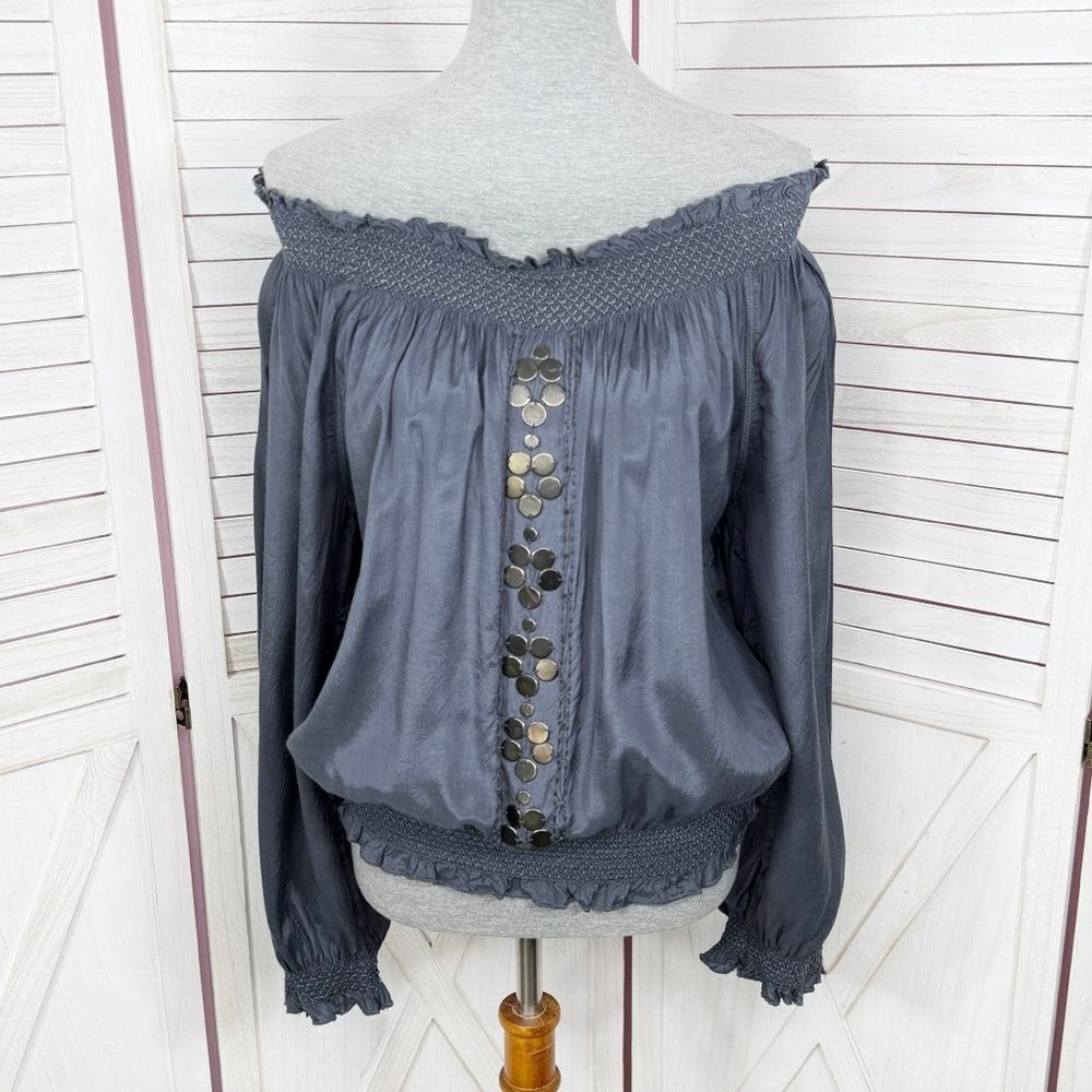Nine West Smocked Charm Detail On Off Shoulder Peasant Blouse Blue Grey Medium